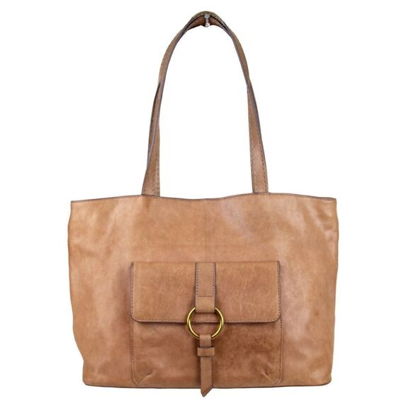 LARGE Frye TAN BROWN GENUINE LEATHER LOGO SHOULDER BAG HOBO TOTE HANDBAG PURSE - Picture 1 of 14
